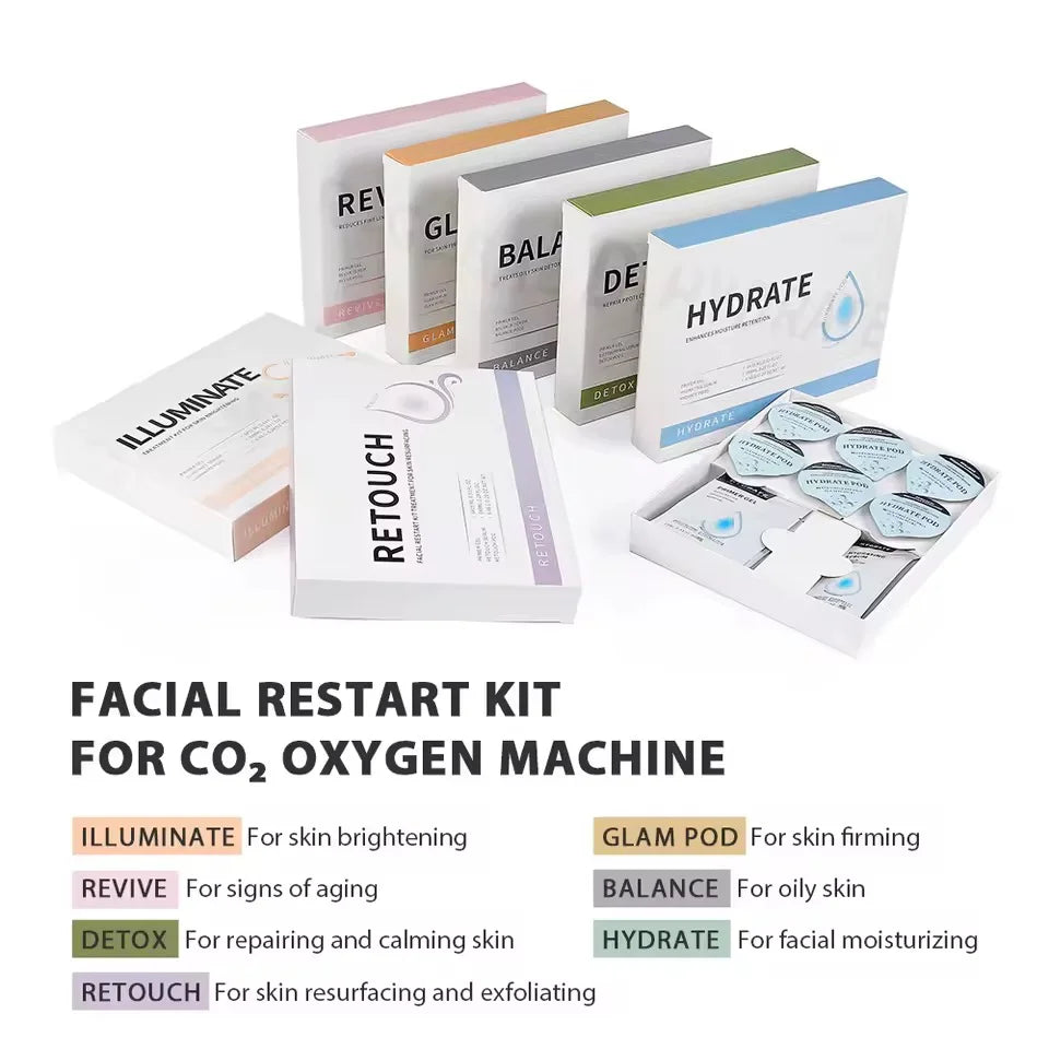Facial Restart Kit collection for oxygen bubble treatments including Hydrate, Detox, Retouch, Revive, Glam, Balance and Illuminate skincare options