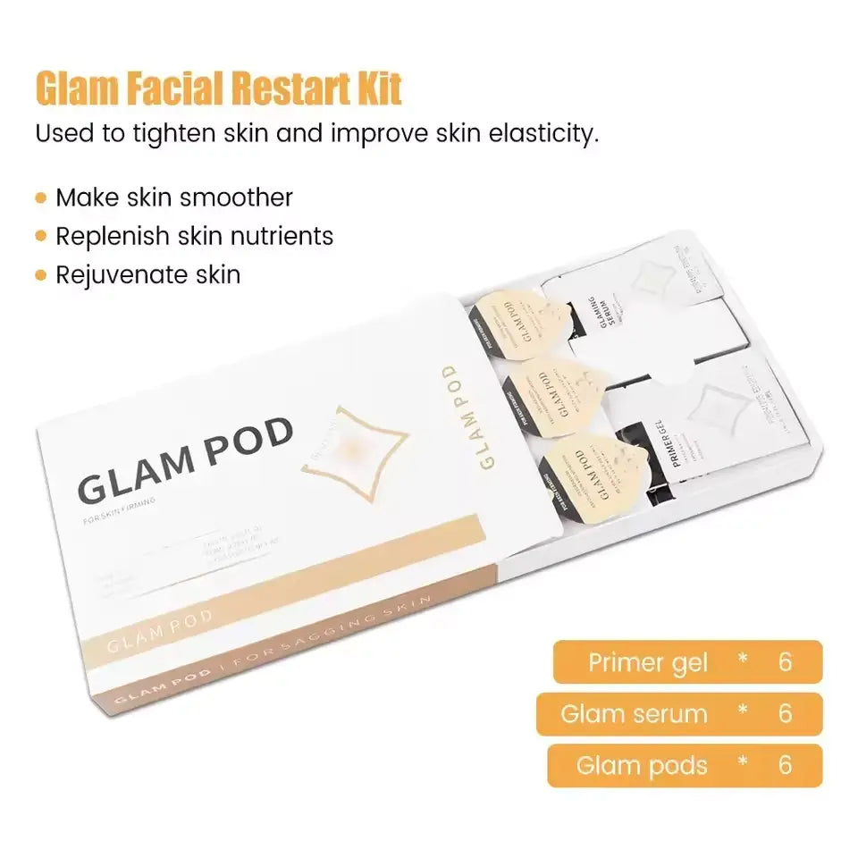 Glam Facial Restart Kit with 6 primer gels, 6 Glam serums and 6 pods for smoothing, nourishing and rejuvenating facial skincare treatments