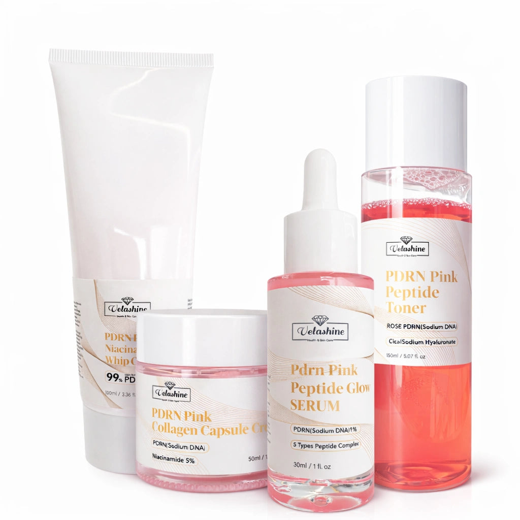 Set of skincare products including a tube, bottle, and capsules on a white background