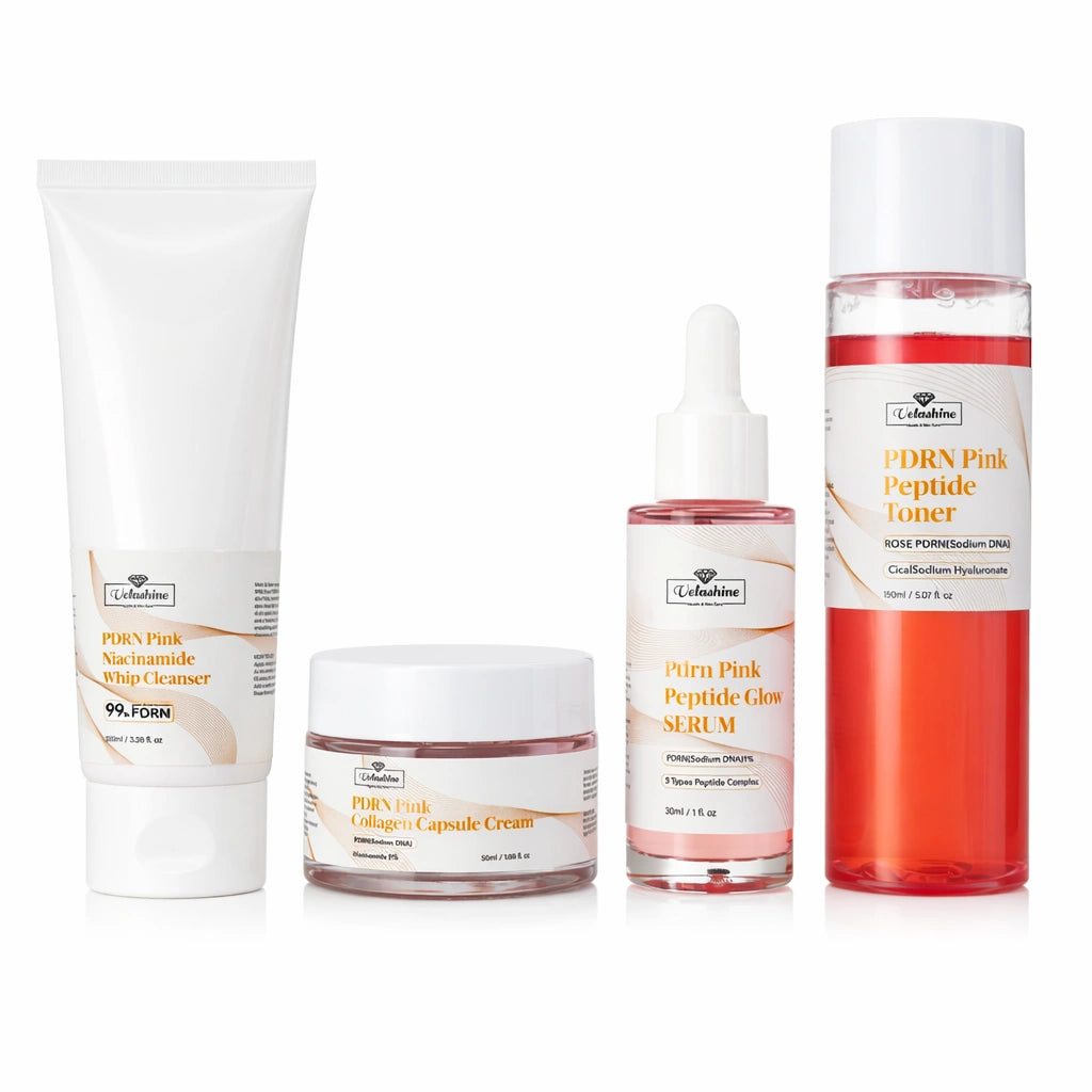 Set of skincare products including a cleanser, cream, serum, and toner on a white background.