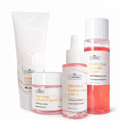 Set of skincare products including a tube, bottle, and capsules on a white background