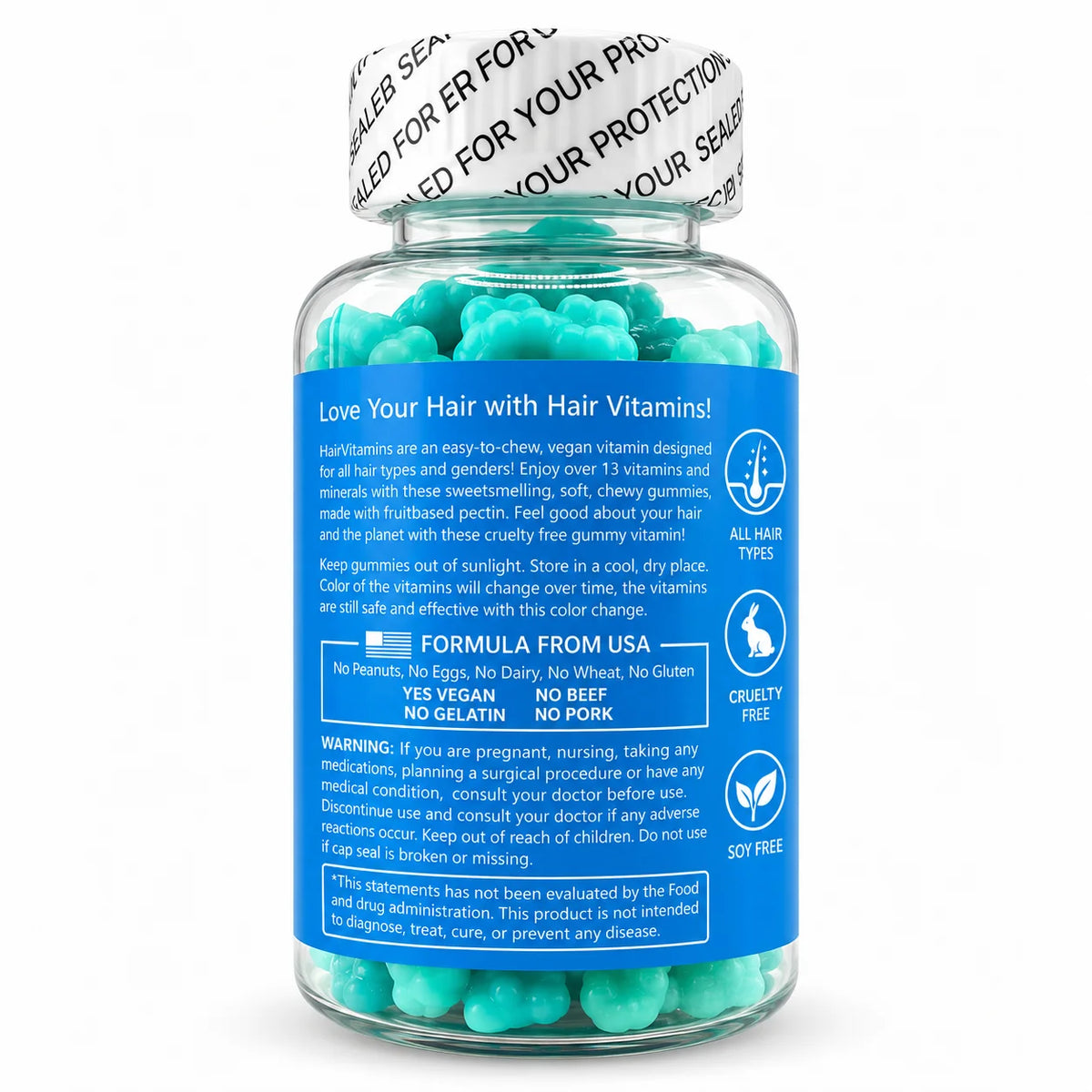 Back label of Hair Vitamins fruit pectin gummies showing vegan formula, product information and warnings