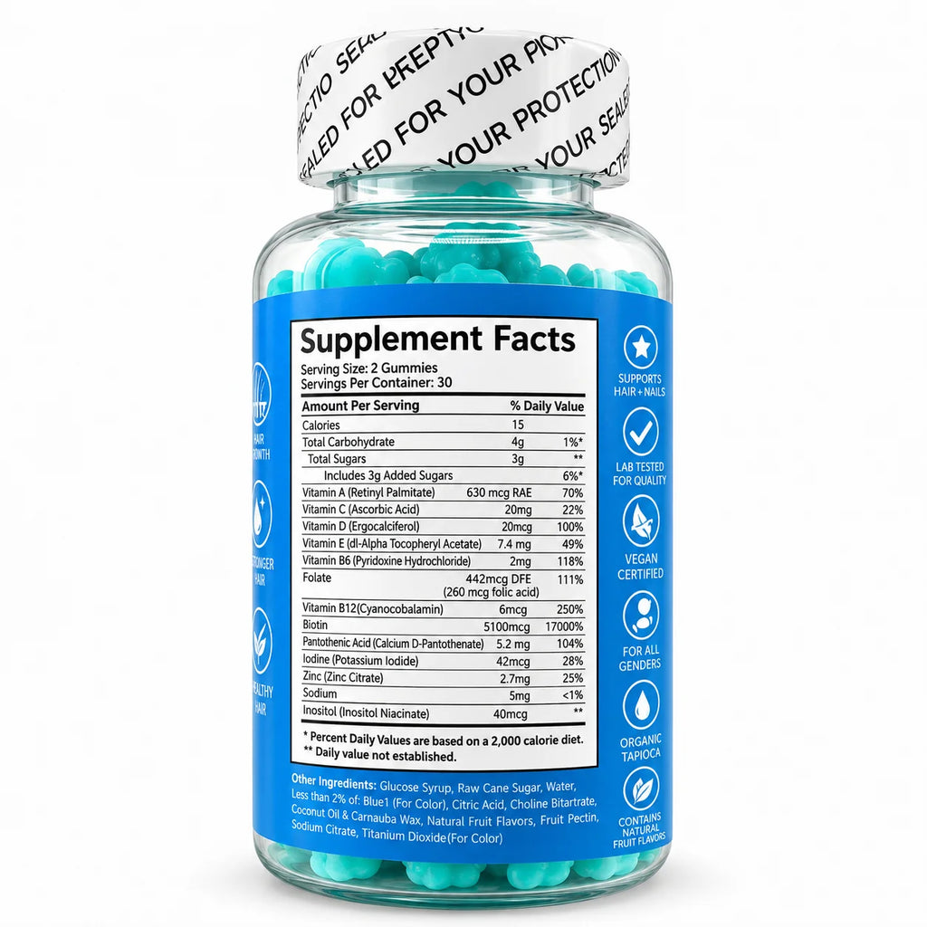 Supplement Facts and ingredients for Hair Vitamins fruit pectin gummies with biotin, vitamins and minerals