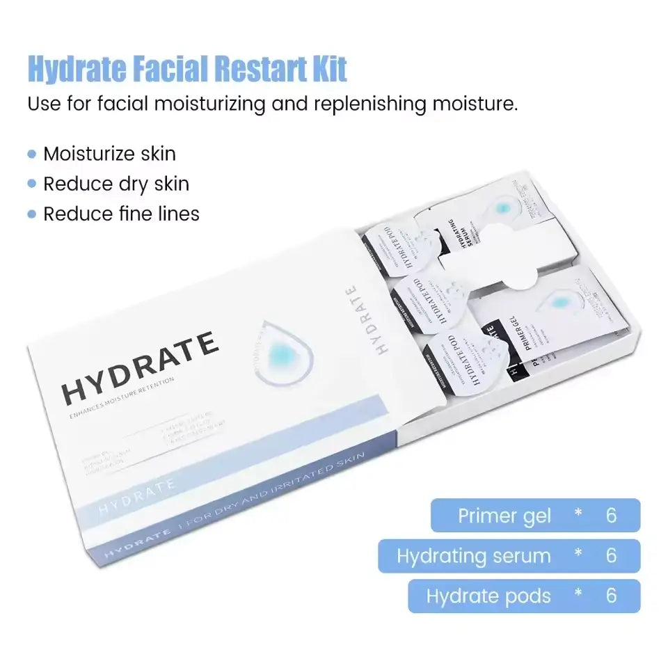 Hydrate Facial Restart Kit with 6 primer gels, 6 hydrating serums and 6 Hydrate pods for dry skin and facial moisturising treatments