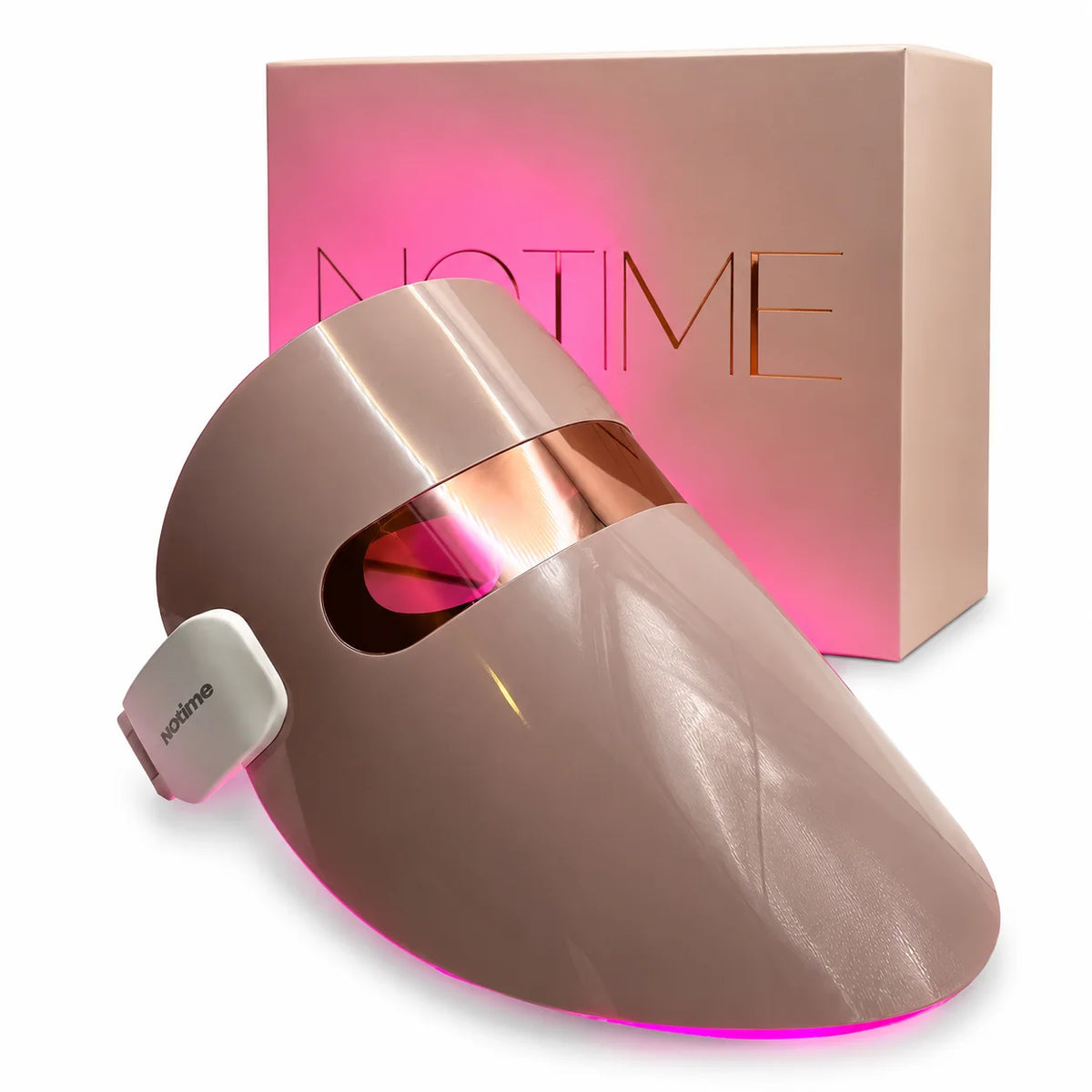 Beige LED light therapy face mask displayed in front of matching product box