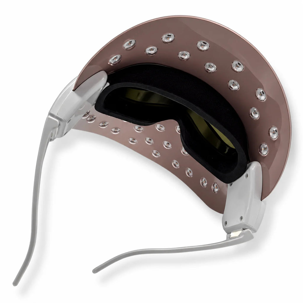 Interior view of LED light therapy face mask showing LED lights and black eye protection