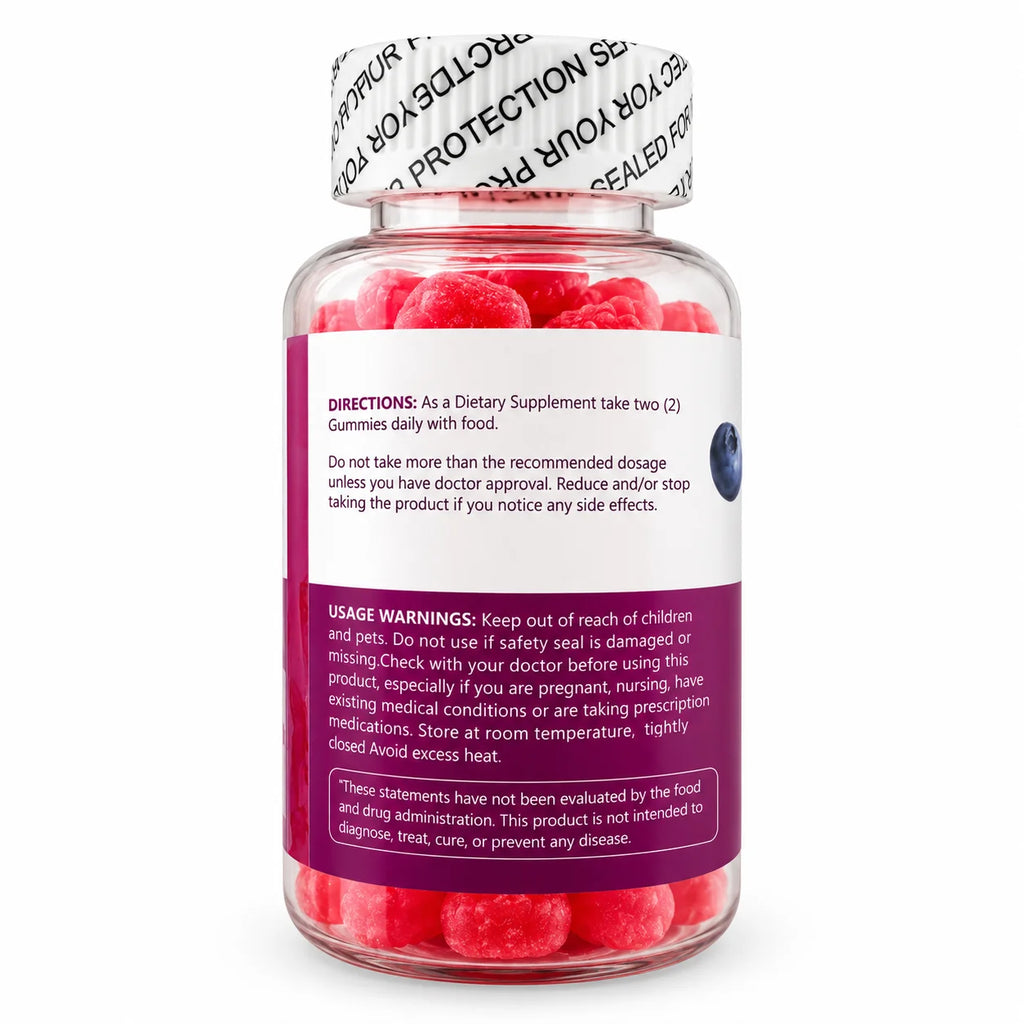 Back of magnesium gummies bottle showing directions, recommended use and safety warnings