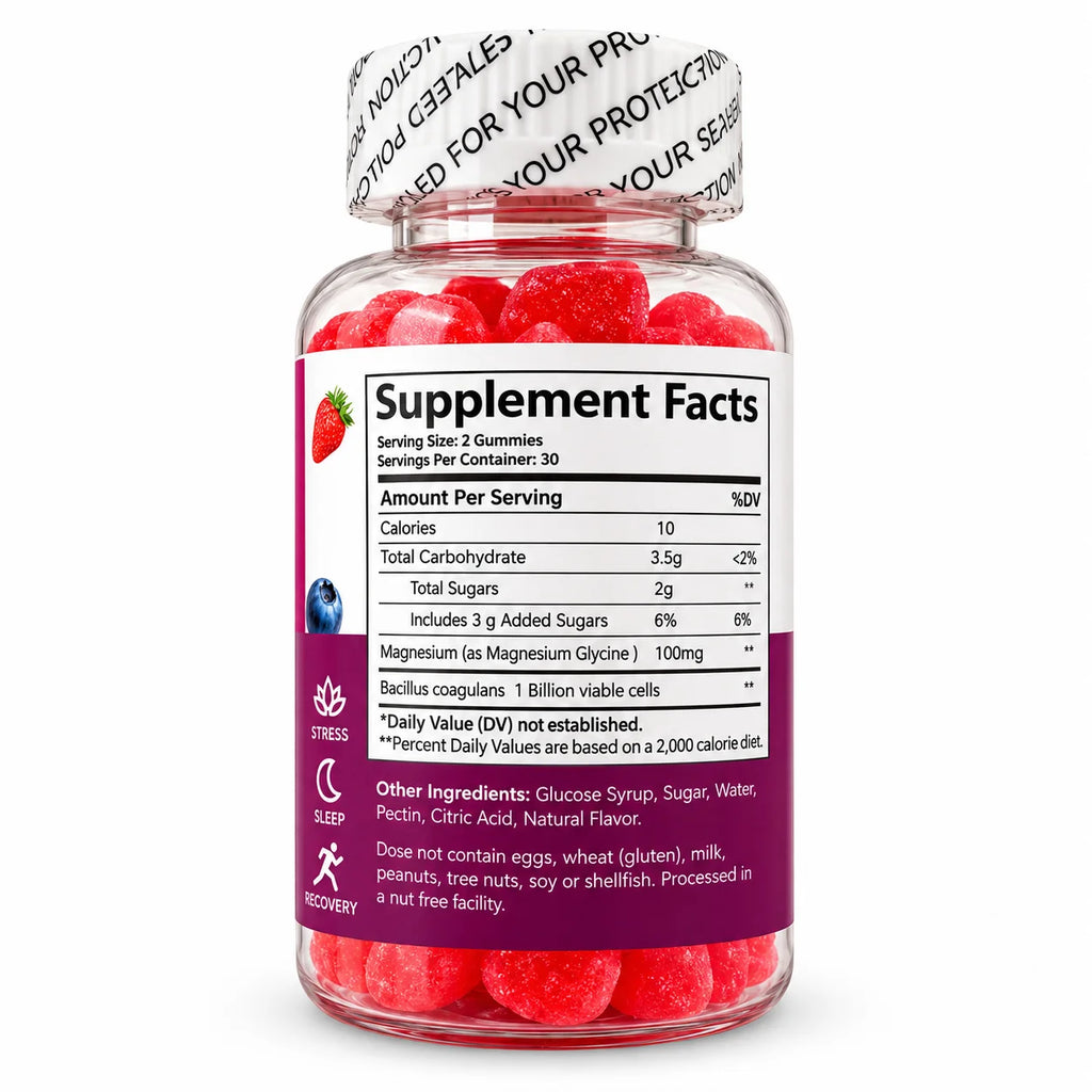 Supplement Facts for magnesium gummies with 100 mg magnesium glycinate and Bacillus coagulans probiotic, 60 gummies