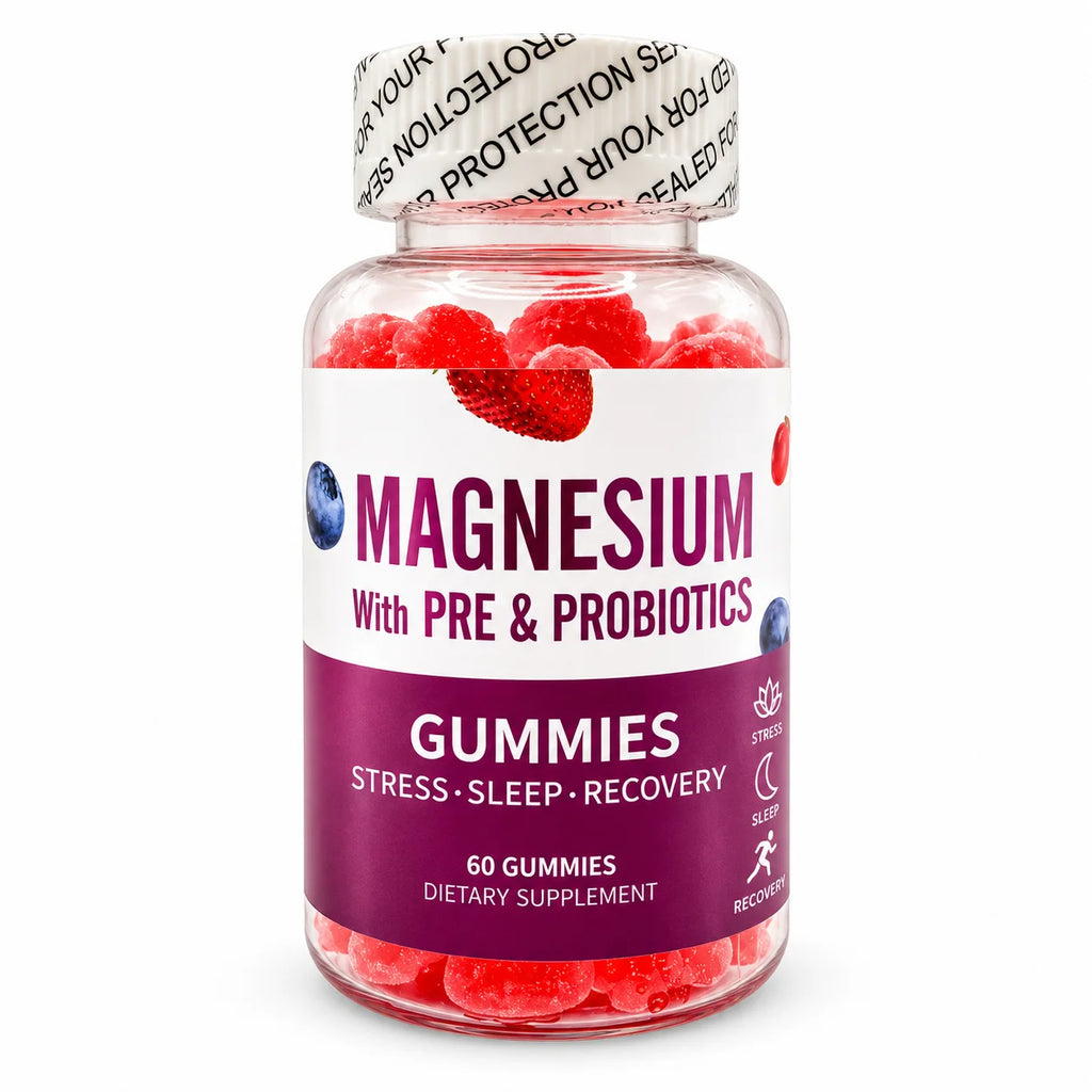 Magnesium gummies with prebiotics and probiotics, 60 gummies dietary supplement for stress, sleep and recovery