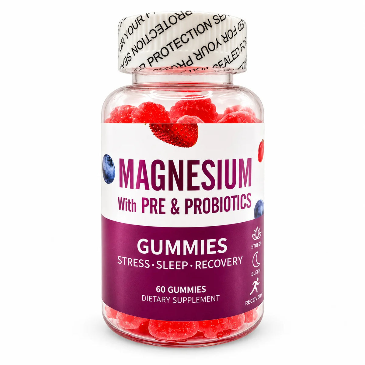 Magnesium gummies with prebiotics and probiotics, 60 gummies dietary supplement for stress, sleep and recovery