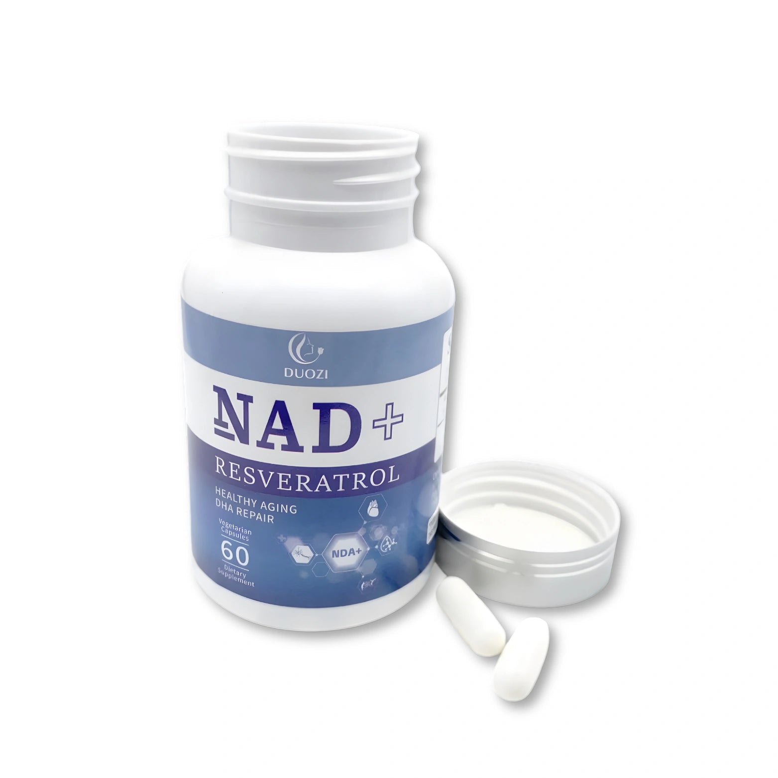 NAD+ Resveratrol supplement bottle with capsules on a white background