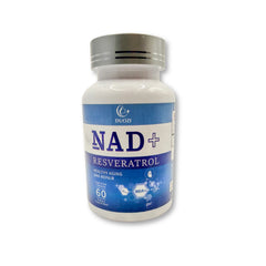 Bottle of NAD+ Resveratrol supplement with blue label on a white background