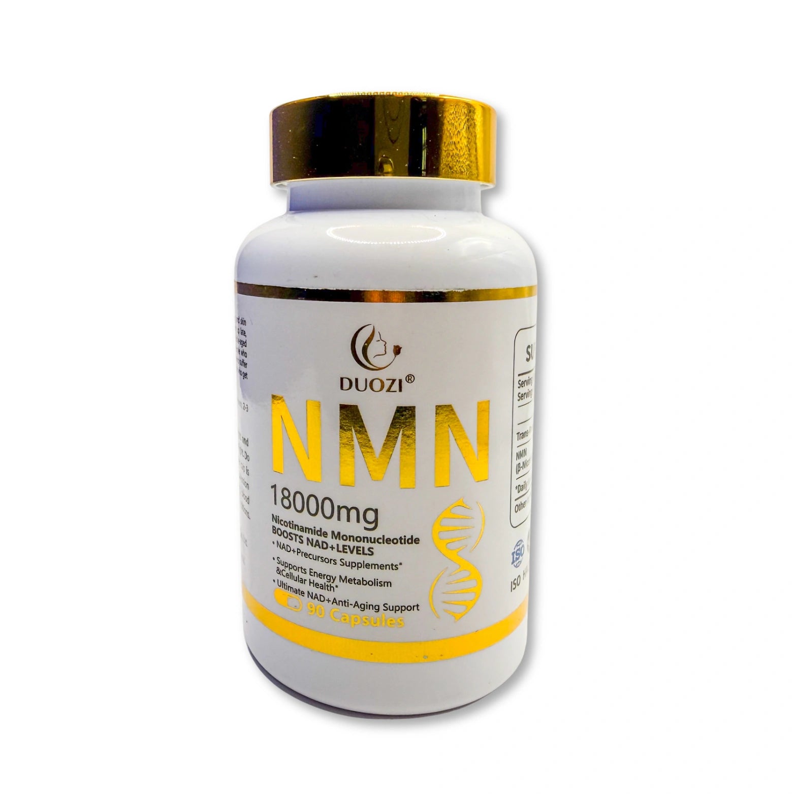 Supplement bottle labeled 'NMN' with gold accents on a white background
