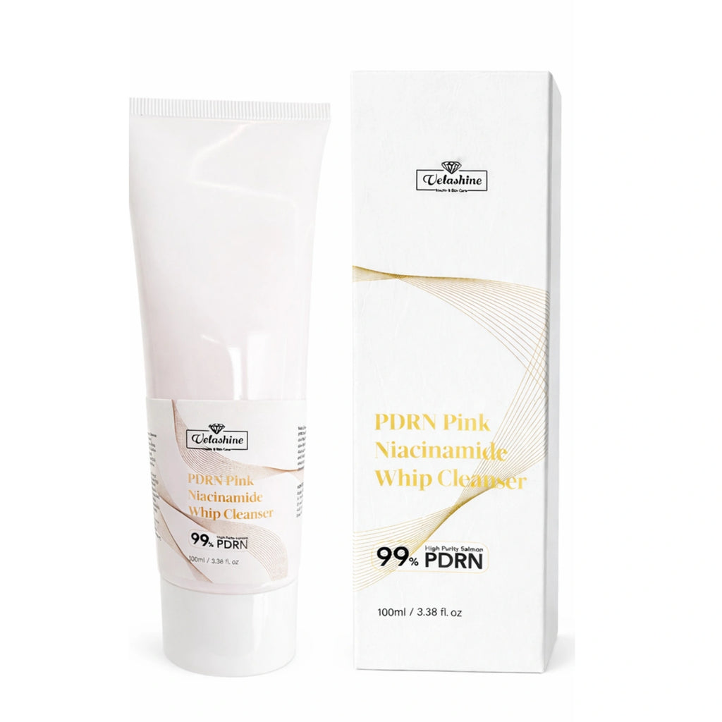 PDRN Pink Macinamide Whip Cleanser packaging on a white background