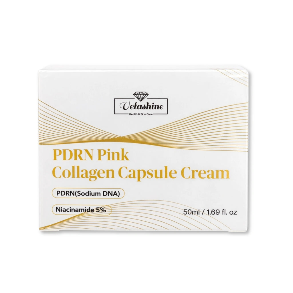 Box of PDRN Pink Collagen Capsule Cream with Velashine branding on a white background