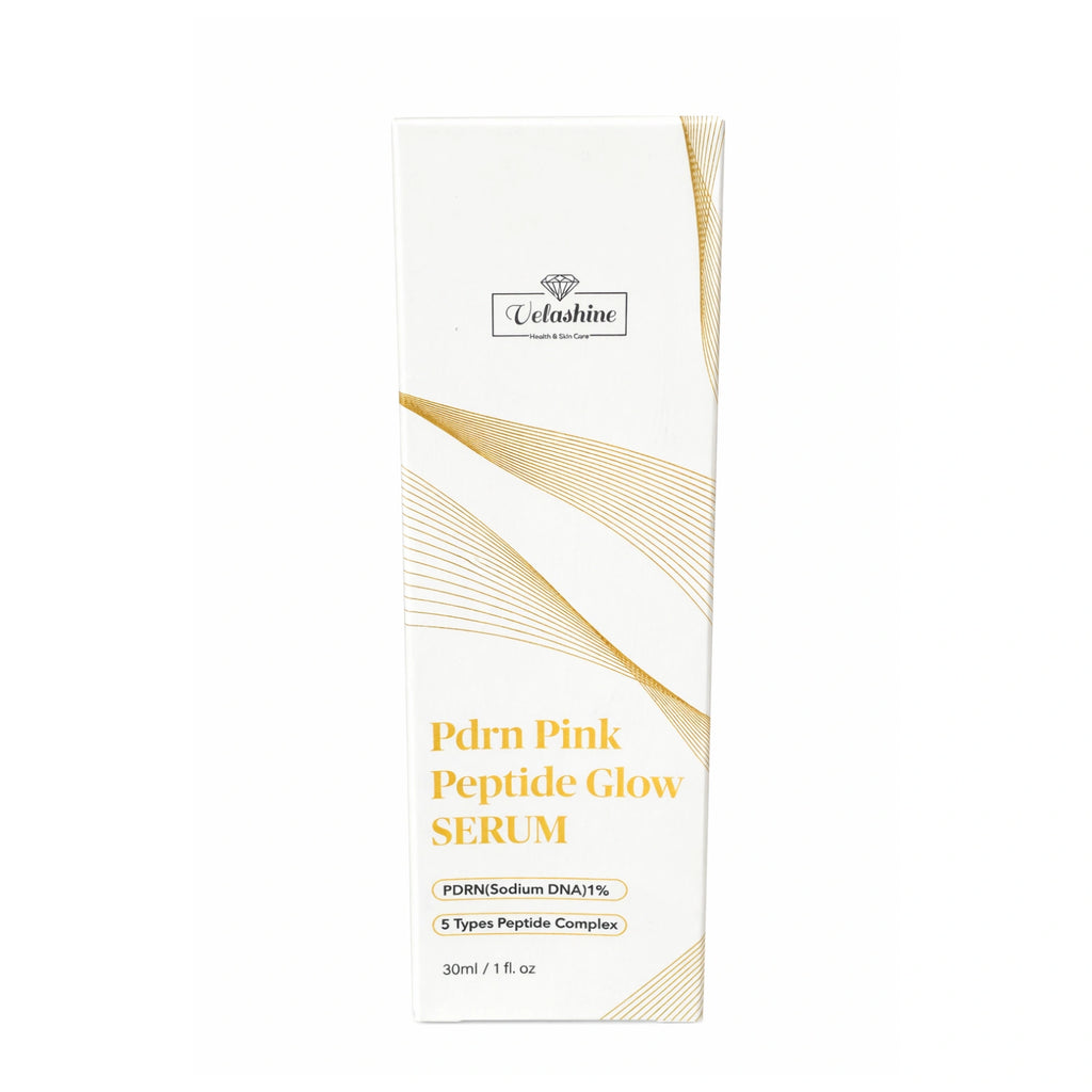 White and gold packaging of a Peptide Glow Serum with 'Velashine' branding on a white background.