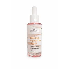 Pink peptide serum bottle on a white background