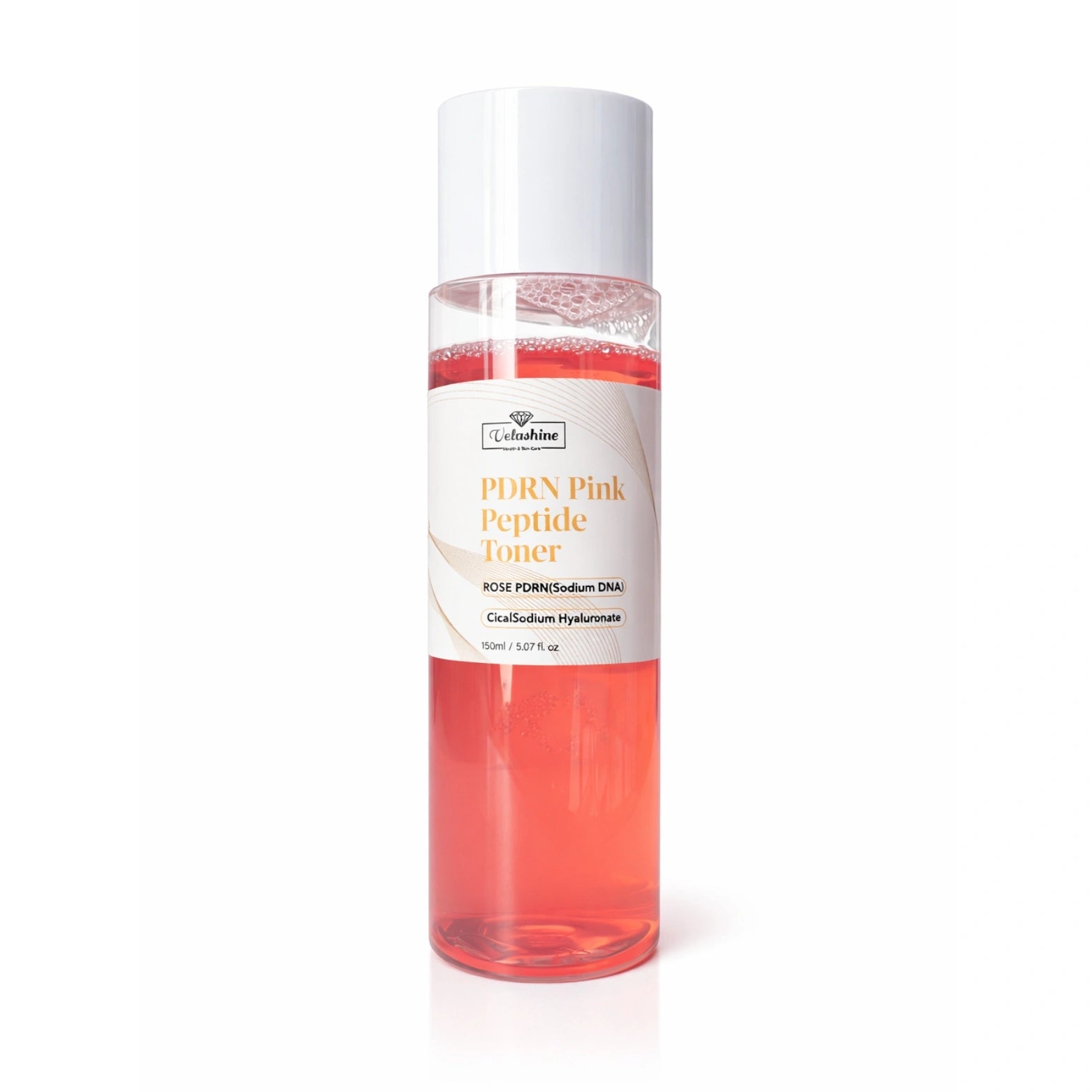 Bottle of pink peptide toner with a white label on a white background