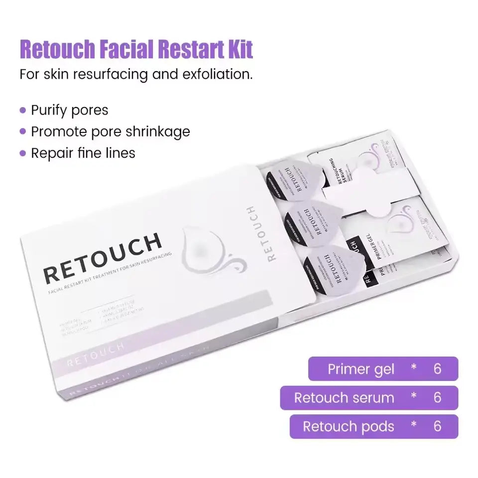 Retouch Facial Restart Kit with 6 primer gels, 6 Retouch serums and 6 pods for skin resurfacing and exfoliation treatments
