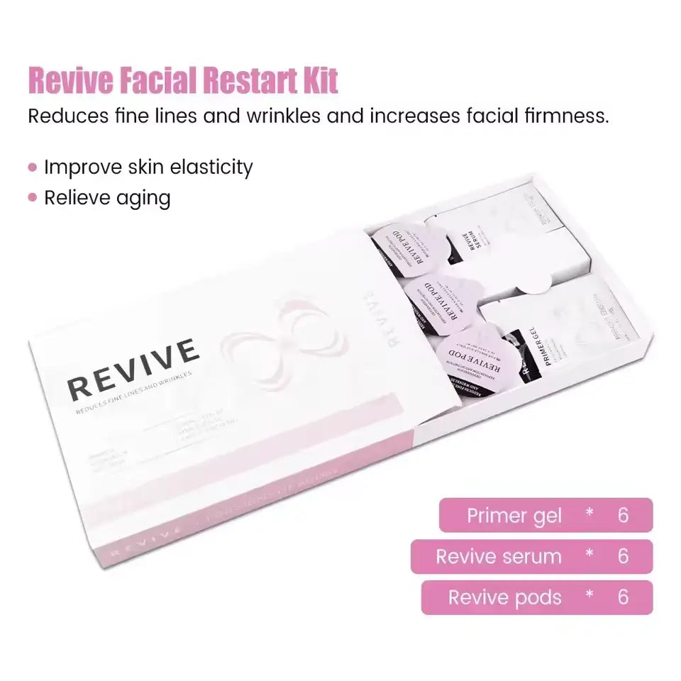 Revive Facial Restart Kit with 6 primer gels, 6 Revive serums and 6 pods for firming and anti-ageing facial skincare treatments