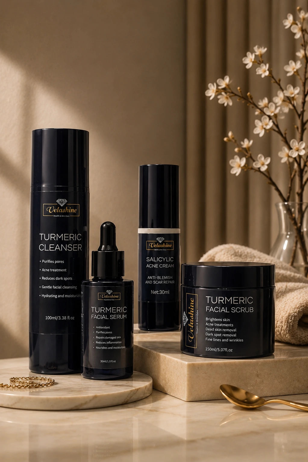 Set of skincare products including cleanser, serum, and scrub on a marble surface with decorative elements.