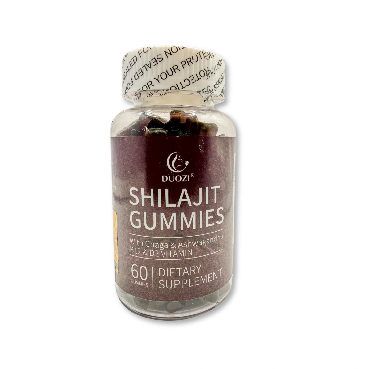 Bottle of Shilajit Gummies with Duozzi branding on a white background