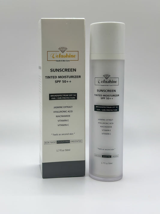 Velashine Sunscreen Tinted Moisturizer SPF 50+ in a sleek 50ml frosted bottle next to its matching product box, highlighting key ingredients like niacinamide, hyaluronic acid, and vitamins C and E.