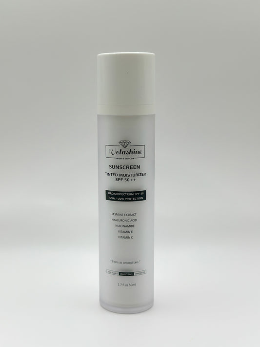 Product photo of Velashine SPF 50+ tinted moisturiser showing the bottle, labeled with benefits like broad-spectrum UVA/UVB protection and claims such as cruelty-free and non-nano.