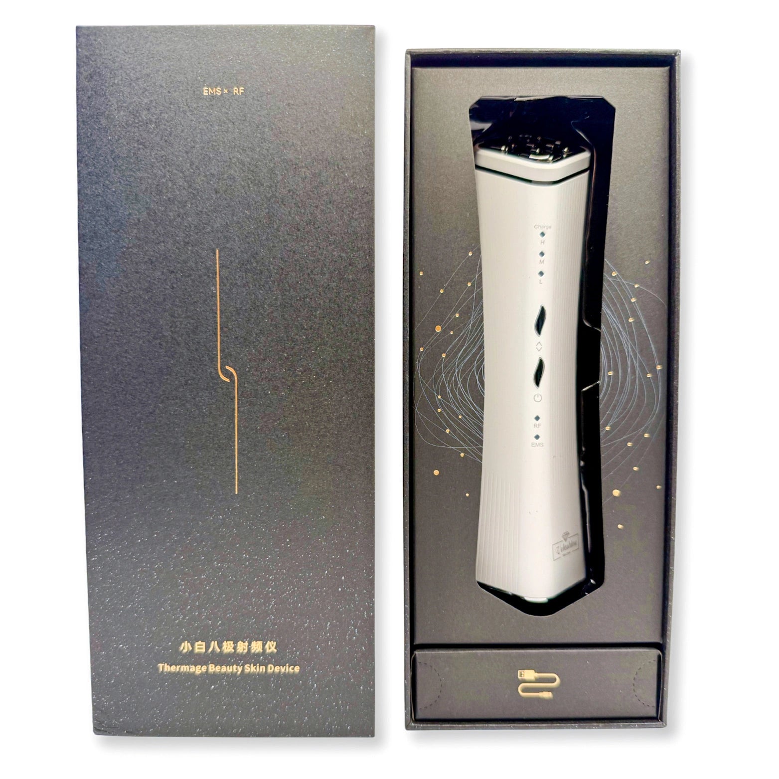 Beauty skin device in packaging with brand logo
