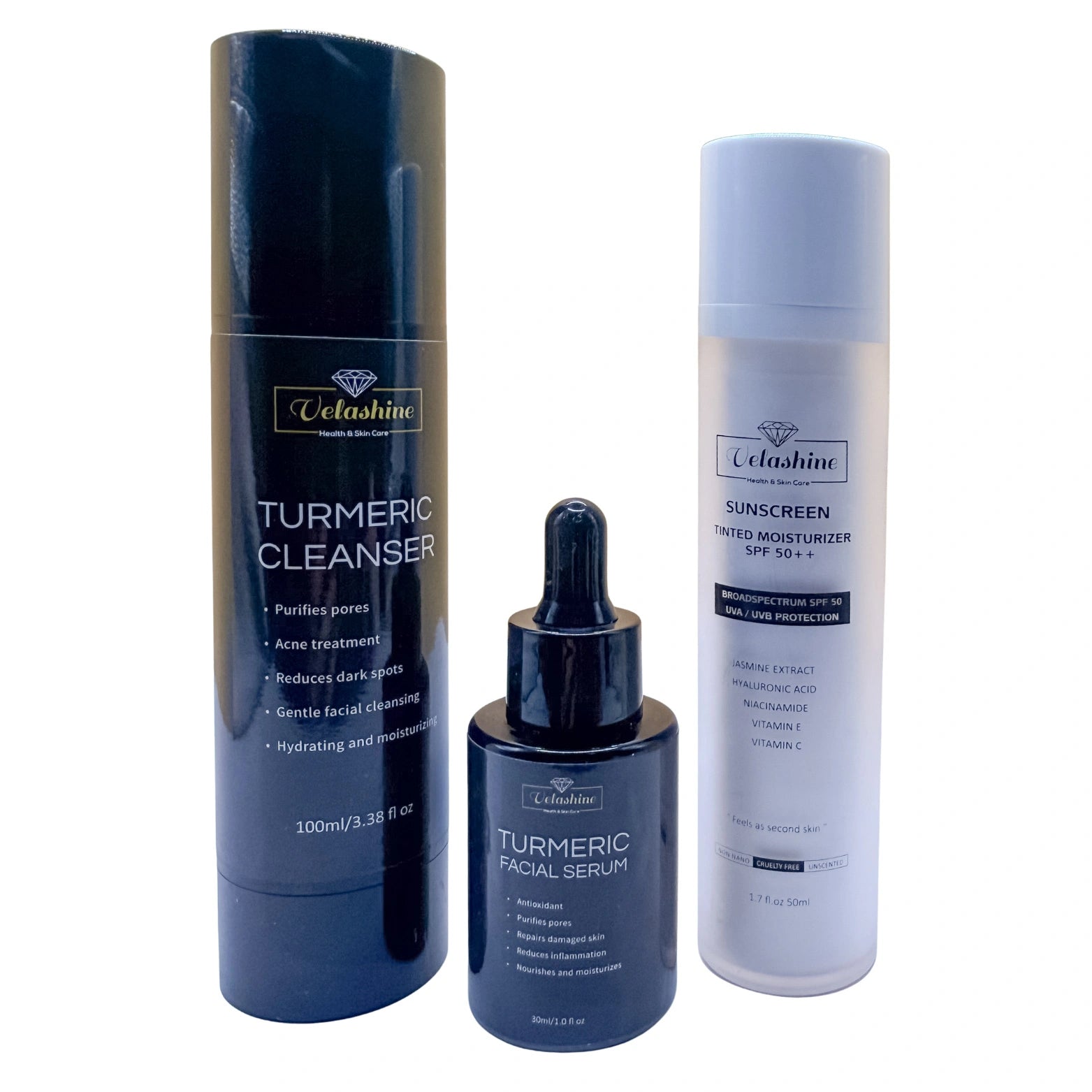 Set of skincare products including Turmeric Cleanser, Serum, and Sunscreen on a white background