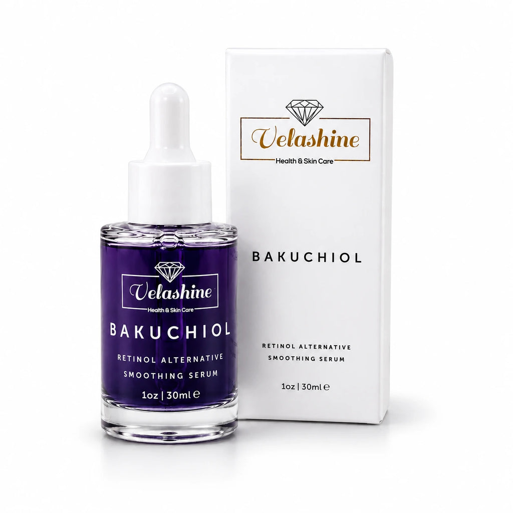 Velashine Bakuchiol Retinol Alternative Smoothing Serum in a 30ml glass dropper bottle, shown next to its white packaging box on a clean white background.
