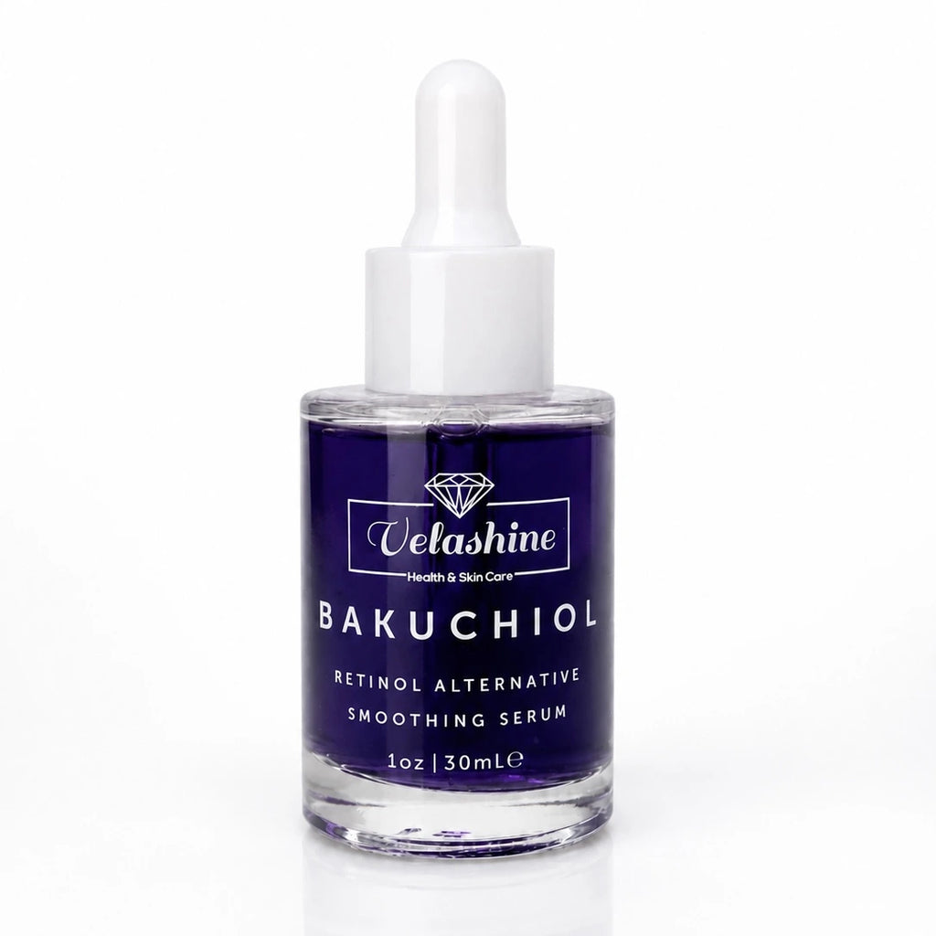Velashine Bakuchiol Retinol Alternative Smoothing Serum in a 30ml glass dropper bottle with a dark purple liquid and a white dropper cap, on a white background.