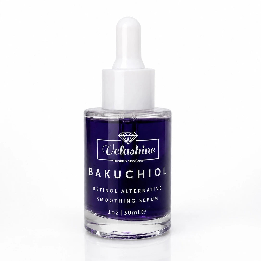 Velashine Bakuchiol Retinol Alternative Smoothing Serum in a 30ml glass dropper bottle with a dark purple liquid and a white dropper cap, on a white background.