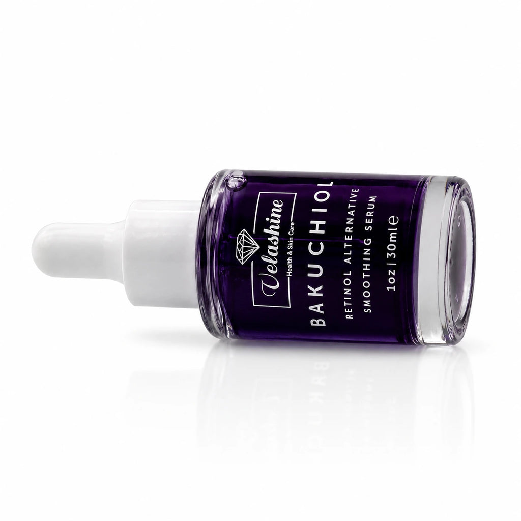 Velashine Bakuchiol Retinol Alternative Smoothing Serum in a clear glass dropper bottle with a white cap, showing the deep purple liquid inside, on a white background with a soft reflection.