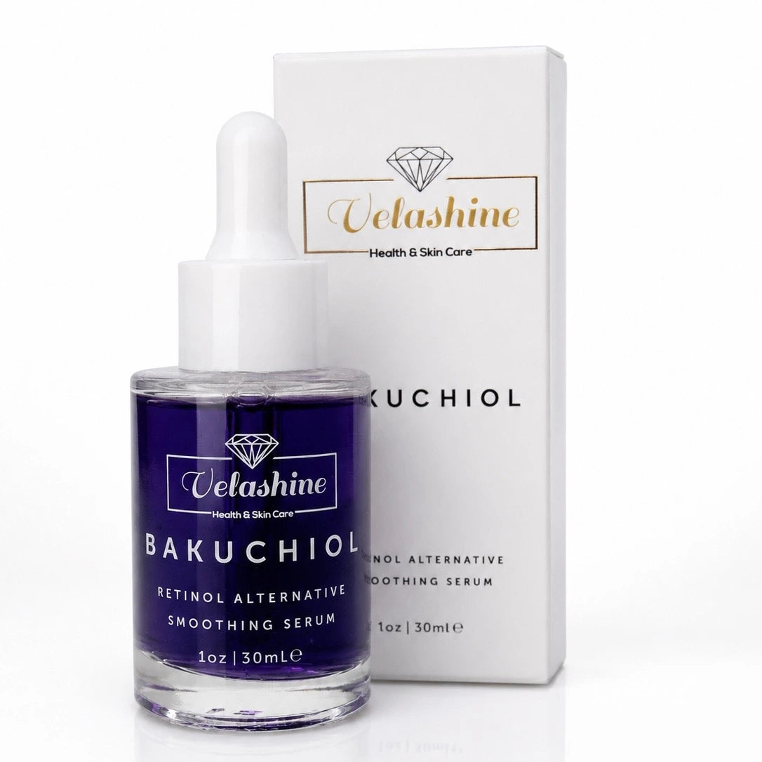 Velashine Bakuchiol Retinol Alternative Smoothing Serum in a 1 oz glass dropper bottle, shown next to its white packaging box with gold and black text.
