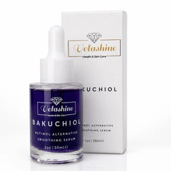 Velashine Bakuchiol Retinol Alternative Smoothing Serum in a 1 oz glass dropper bottle, shown next to its white packaging box with gold and black text.
