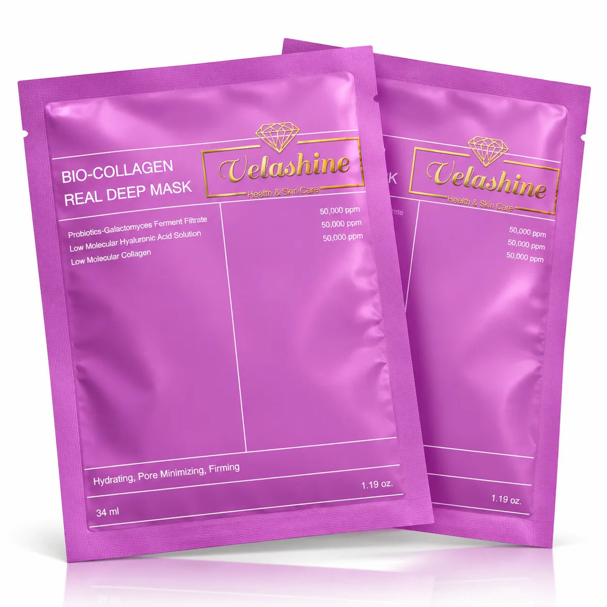 Two Velashine Bio-Collagen Real Deep Mask 34 ml facial sheet masks for hydrating, pore minimizing and firming skincare