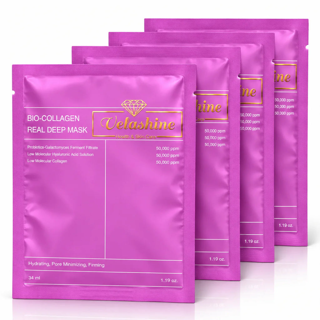 Four Velashine Bio-Collagen Real Deep Mask 34 ml facial sheet masks with hyaluronic acid and collagen