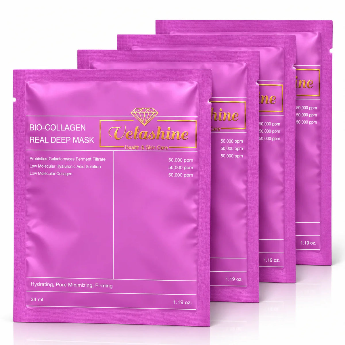 Four Velashine Bio-Collagen Real Deep Mask 34 ml facial sheet masks with hyaluronic acid and collagen