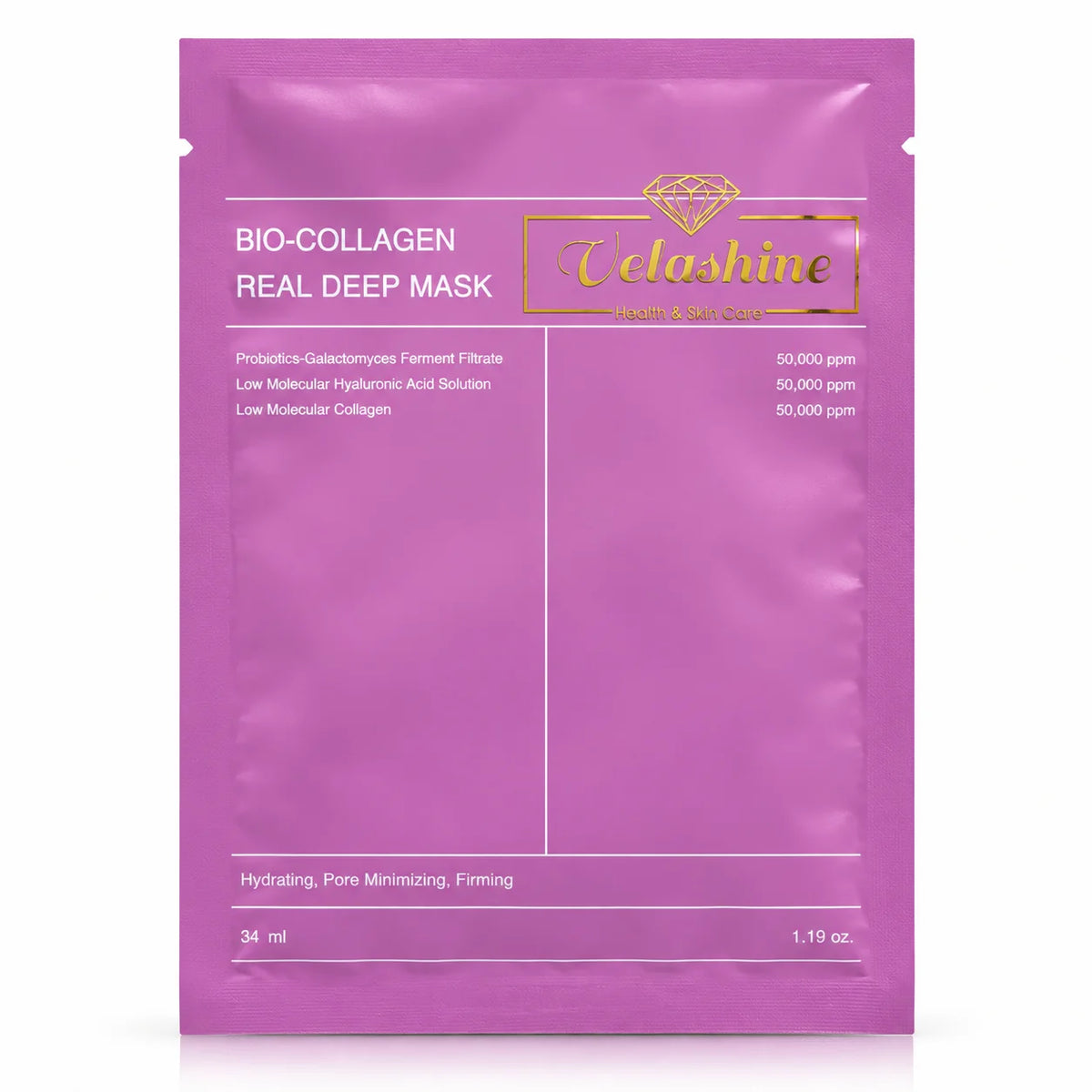 Velashine Bio-Collagen Real Deep Mask single 34 ml facial sheet mask with hyaluronic acid and low molecular collagen