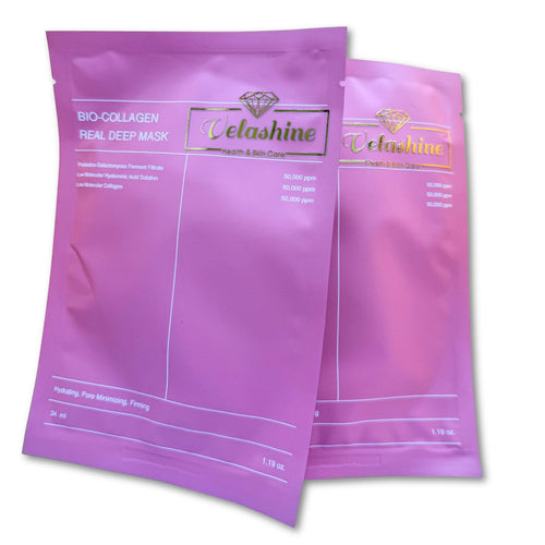 Two purple Velashine face mask packages on a white background