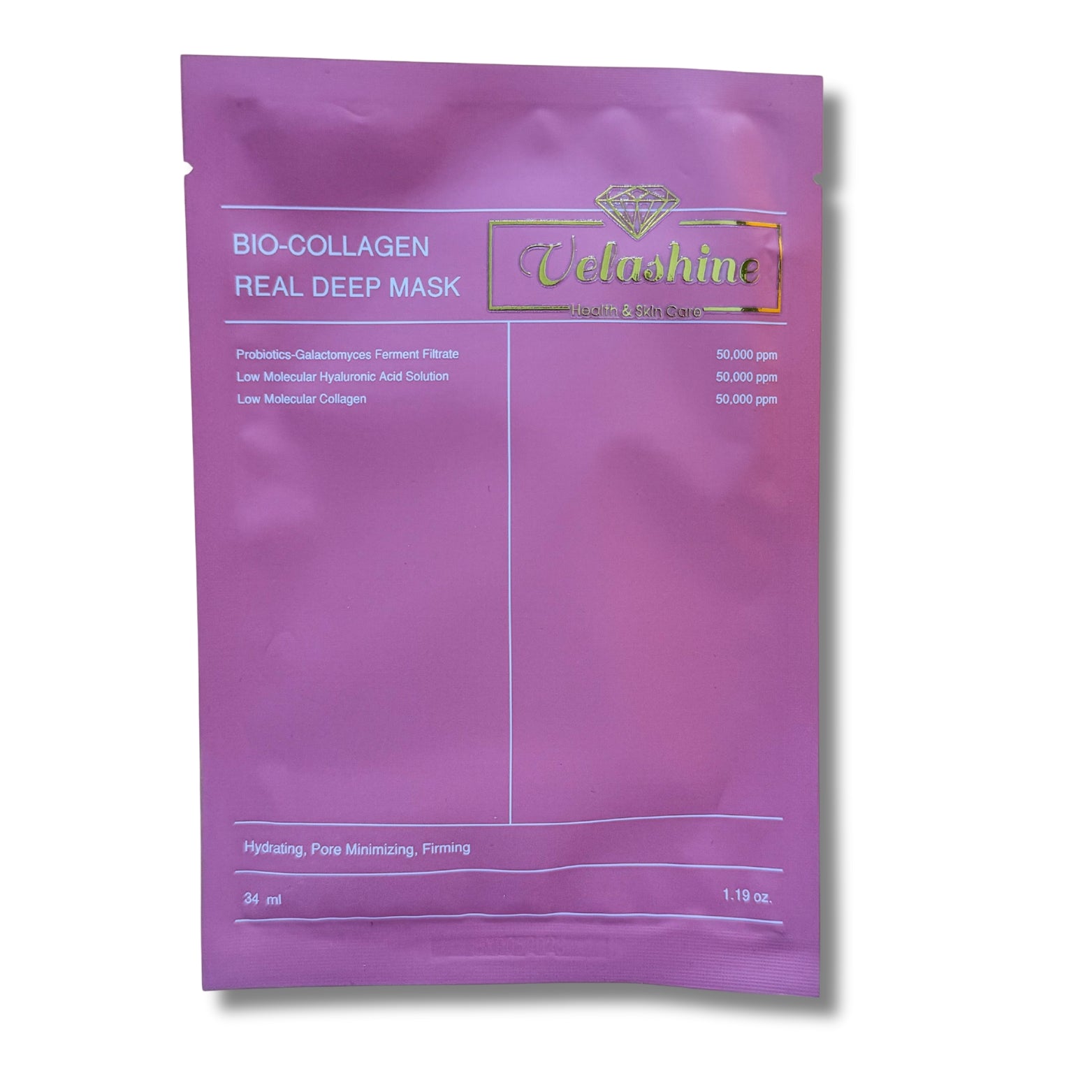 Purple face mask packaging with 'Velashine' branding on a white background