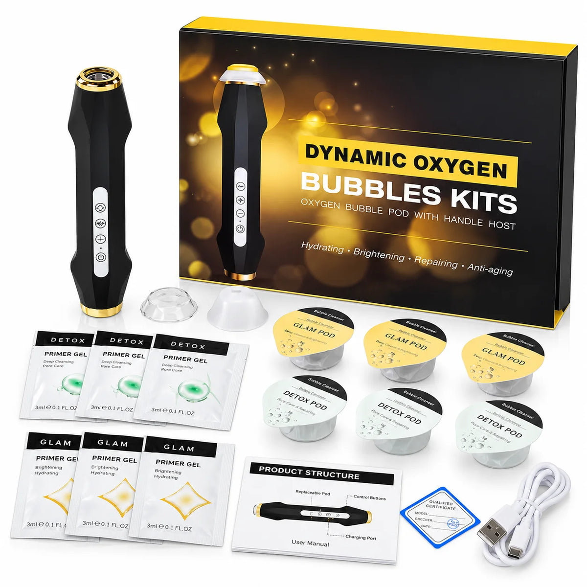 Velashine Dynamic Oxygen Bubble facial skincare kit with handheld device, Glam and Detox pods, primer gels, accessories and USB charging cable