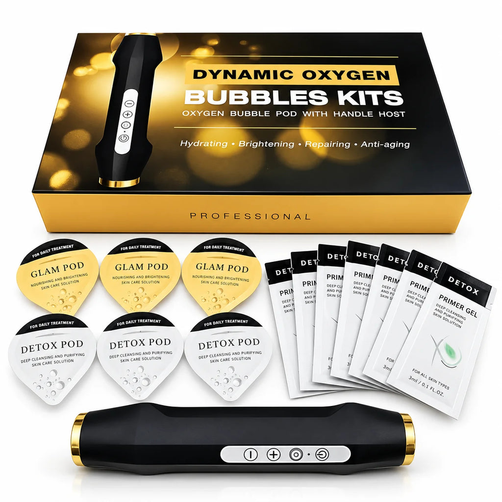 Velashine Dynamic Oxygen Bubble facial treatment kit with handheld device, three Glam pods, three Detox pods and primer gel sachets