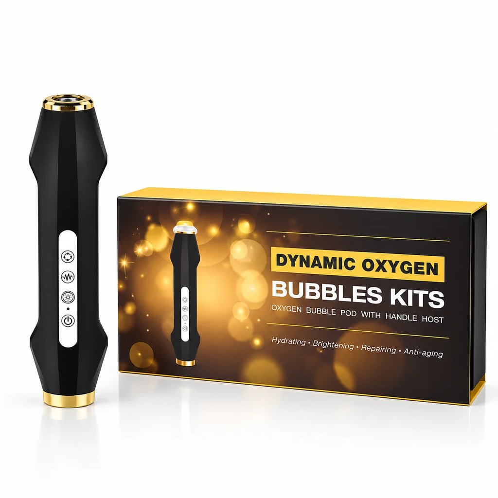 Velashine Dynamic Oxygen Bubbles facial device displayed with black and gold professional skincare kit packaging