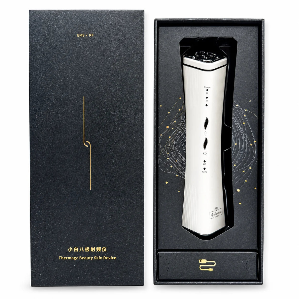 Velashine EMS RF facial beauty device inside original presentation box with charging cable compartment