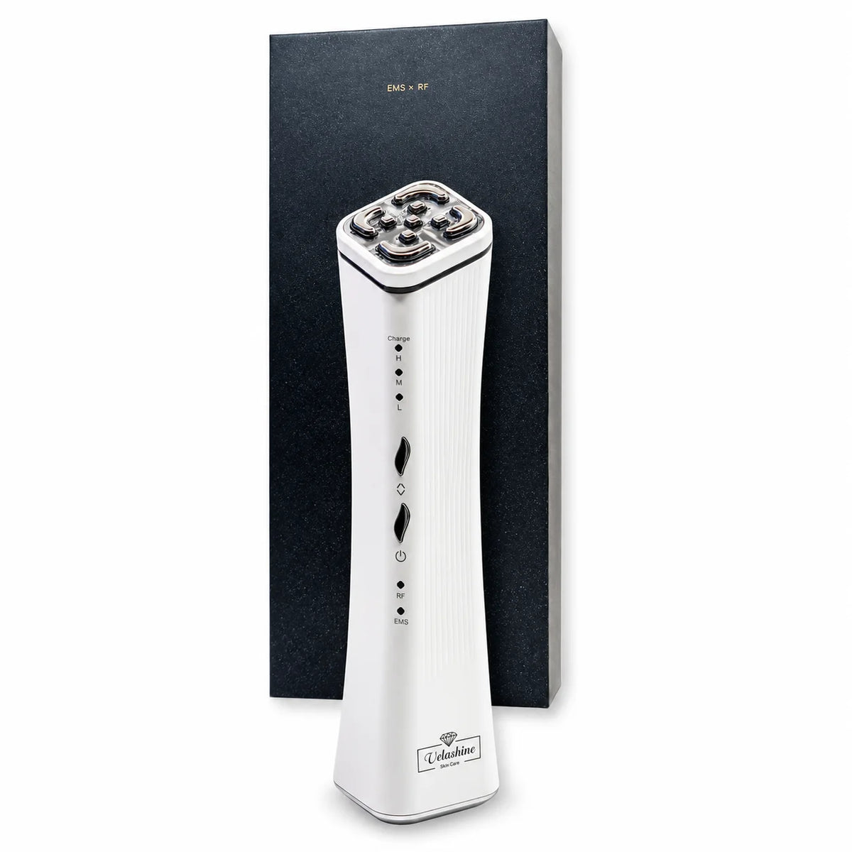 Velashine EMS RF facial beauty device displayed with its black product box