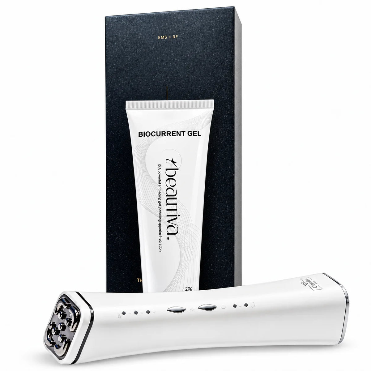 Velashine EMS RF facial device with Beautiva Biocurrent Gel and product packaging