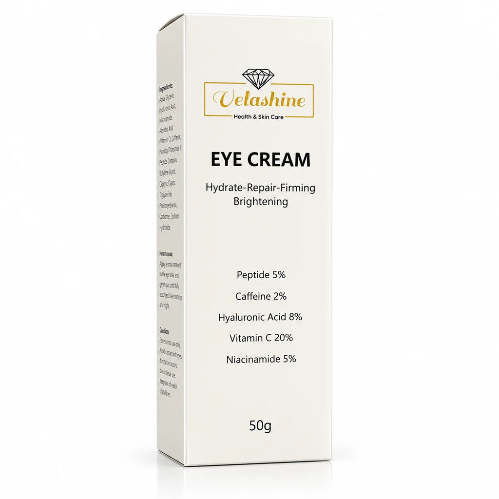 Velashine Eye Cream 50g product packaging with peptides, caffeine, hyaluronic acid, vitamin C and niacinamide