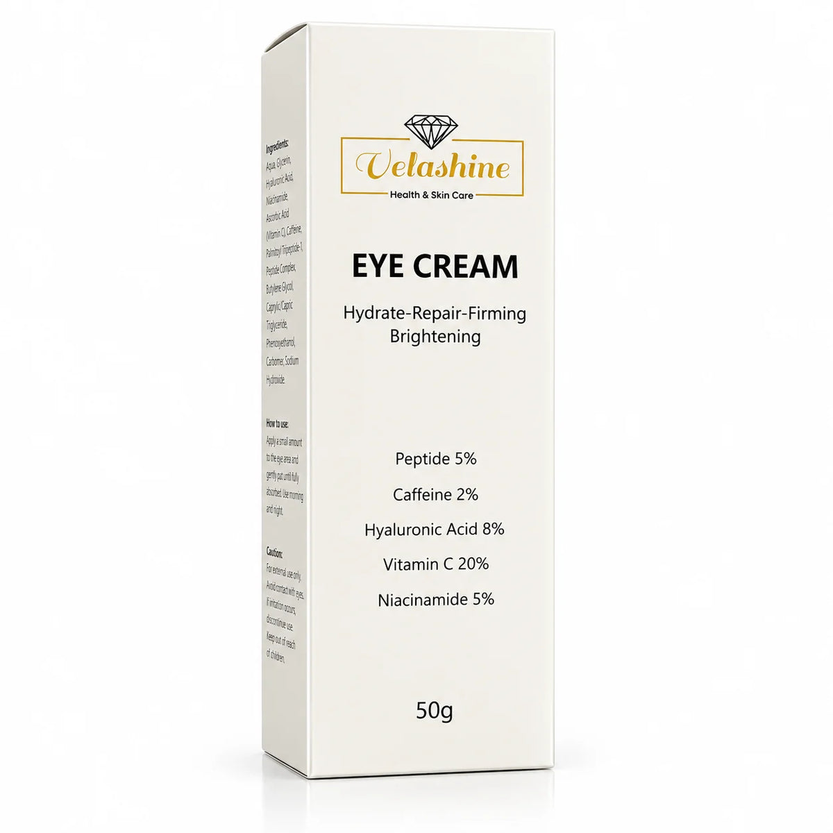 Velashine Eye Cream 50g product packaging with peptides, caffeine, hyaluronic acid, vitamin C and niacinamide